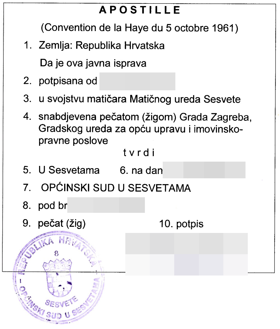 Potvrda Apostille s deset numeriranih polja – prikaz 1 s pikseliziranim osobnim podacima