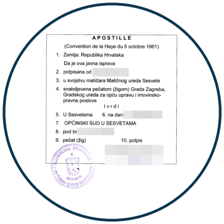 Potvrda Apostille s deset numeriranih polja – primjer s pikseliziranim osobnim podacima