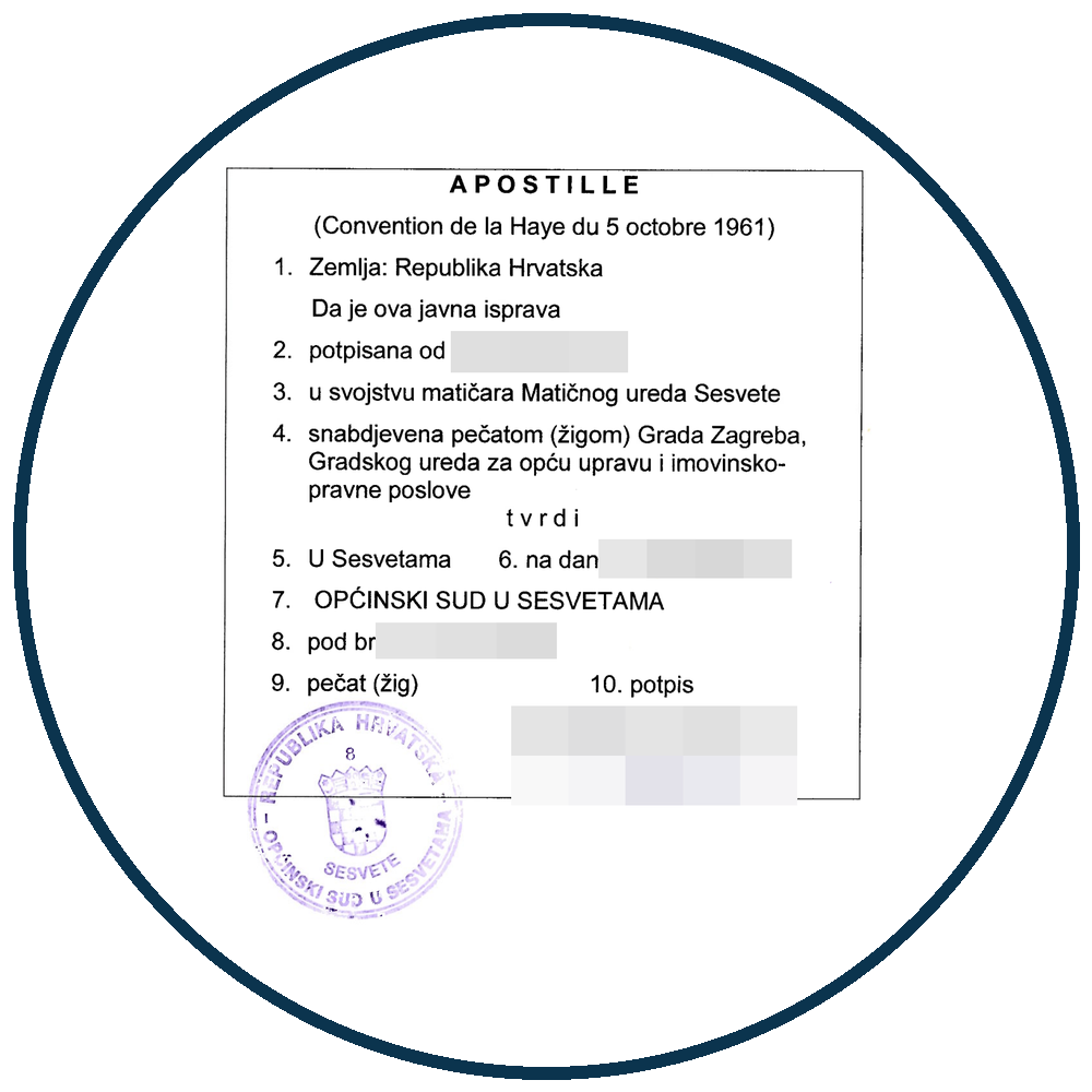 Potvrda Apostille s deset numeriranih polja – primjer s pikseliziranim osobnim podacima