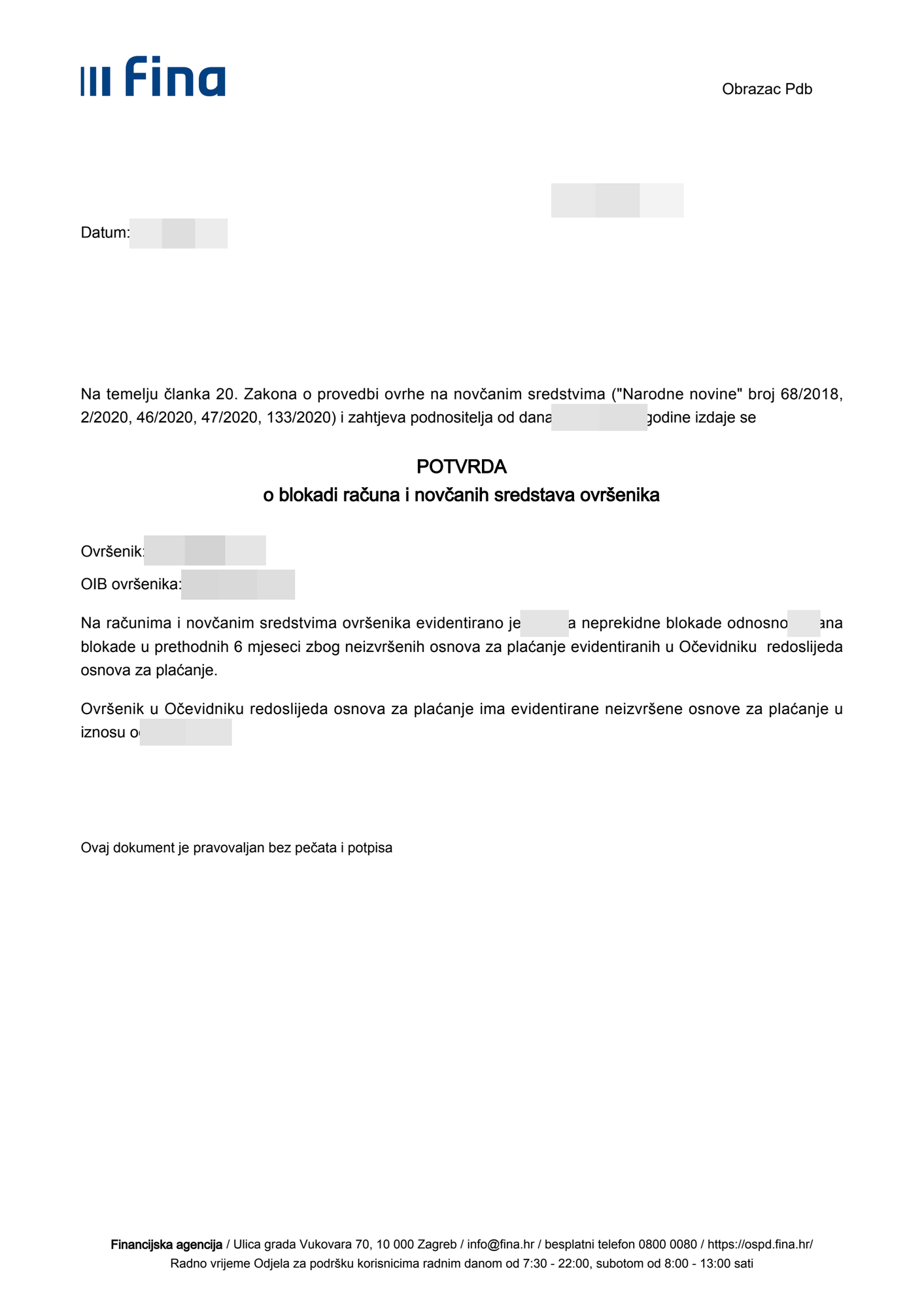 FINA potvrda o blokadi računa, obrazac Pdb – prikaz 1 s pikseliziranim osobnim podacima