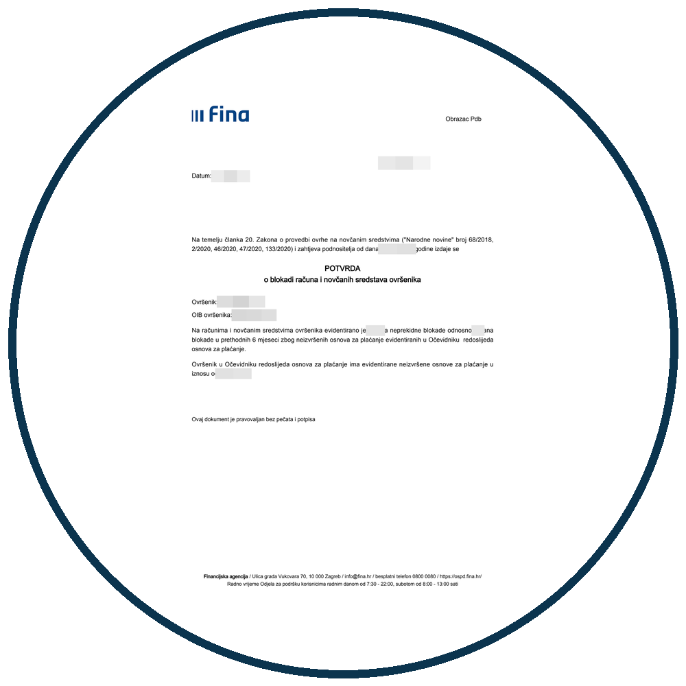 FINA potvrda o blokadi računa, obrazac Pdb – primjer s pikseliziranim osobnim podacima