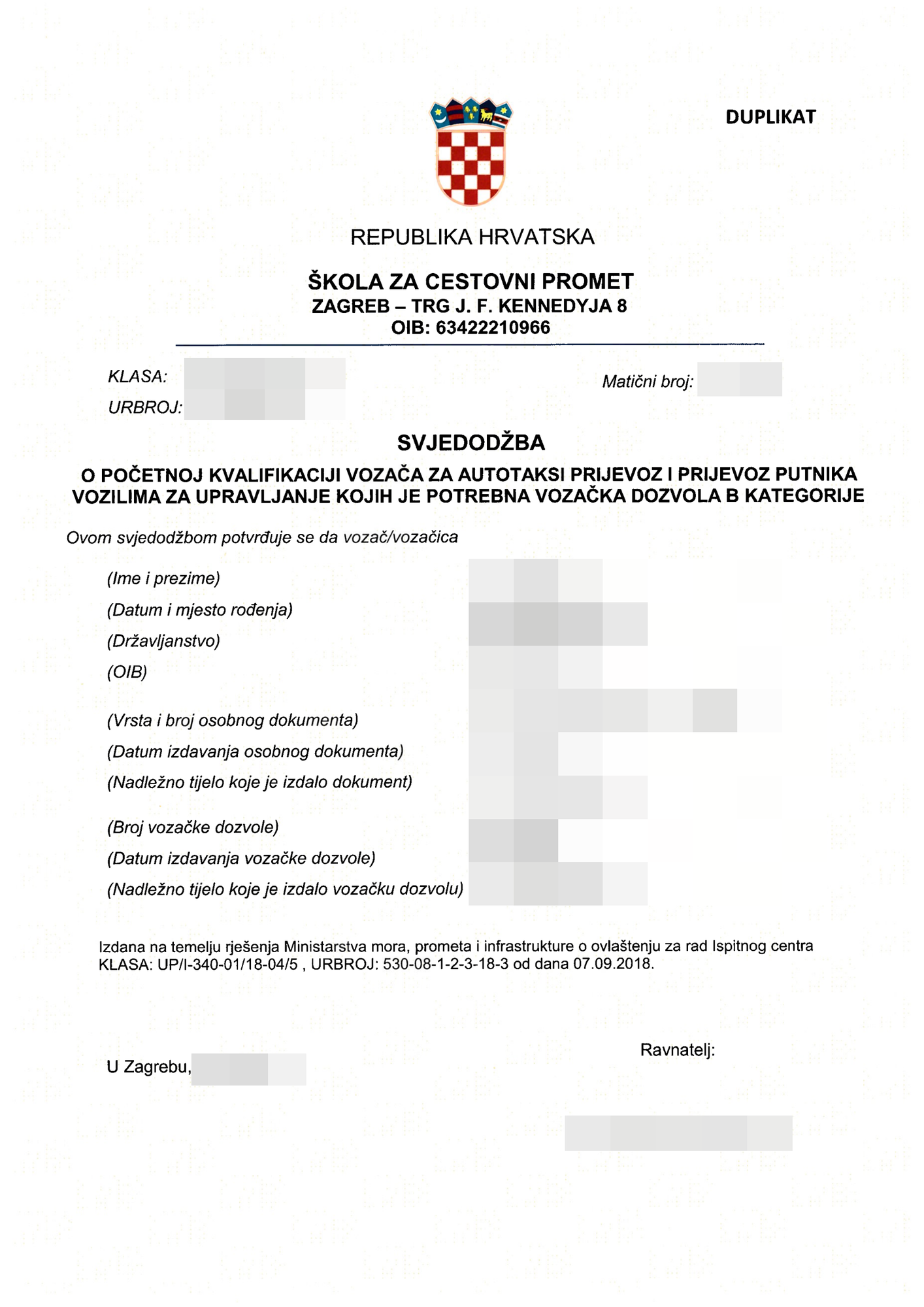 Duplikat svjedodžbe o početnoj kvalifikaciji za autotaksi prijevoz, B kategorija – prikaz 1 s pikseliziranim osobnim podacima