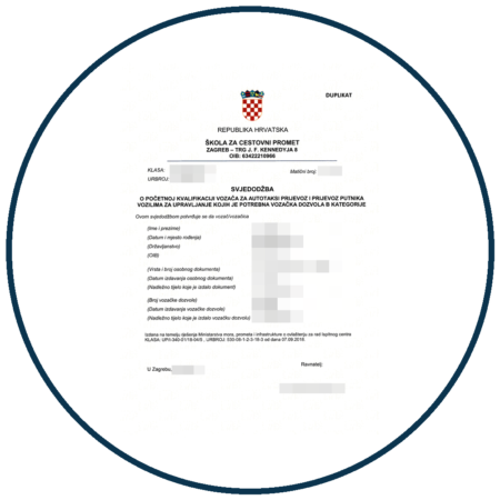 Duplikat svjedodžbe o početnoj kvalifikaciji za autotaksi prijevoz, B kategorija – primjer s pikseliziranim osobnim podacima