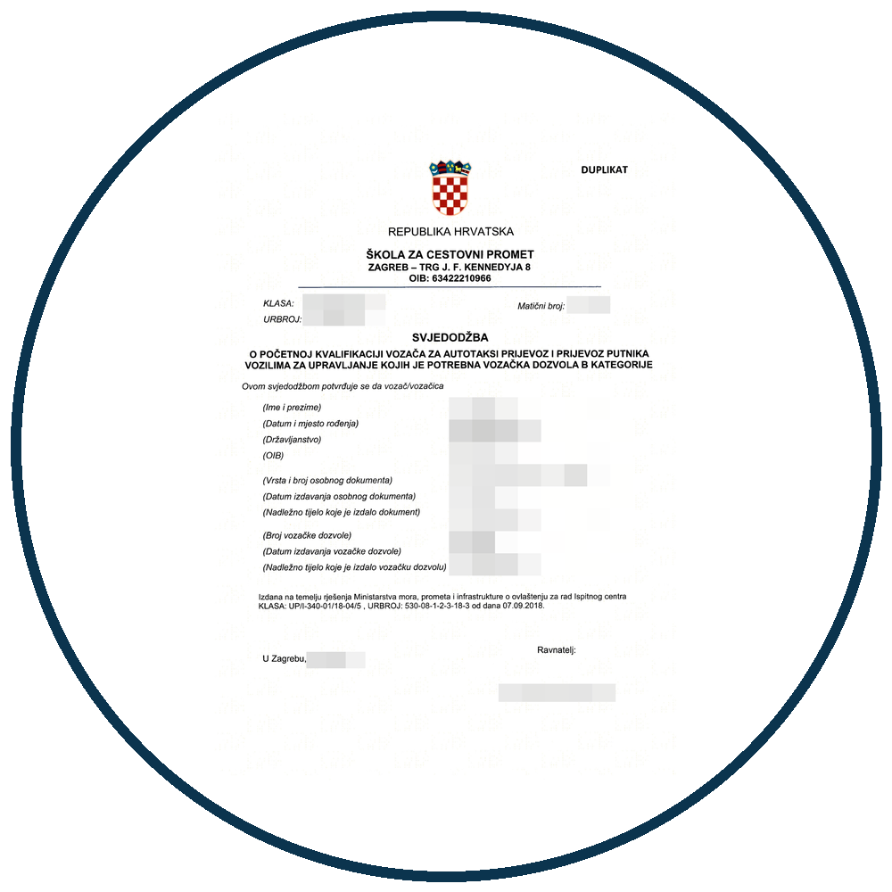 Duplikat svjedodžbe o početnoj kvalifikaciji za autotaksi prijevoz, B kategorija – primjer s pikseliziranim osobnim podacima