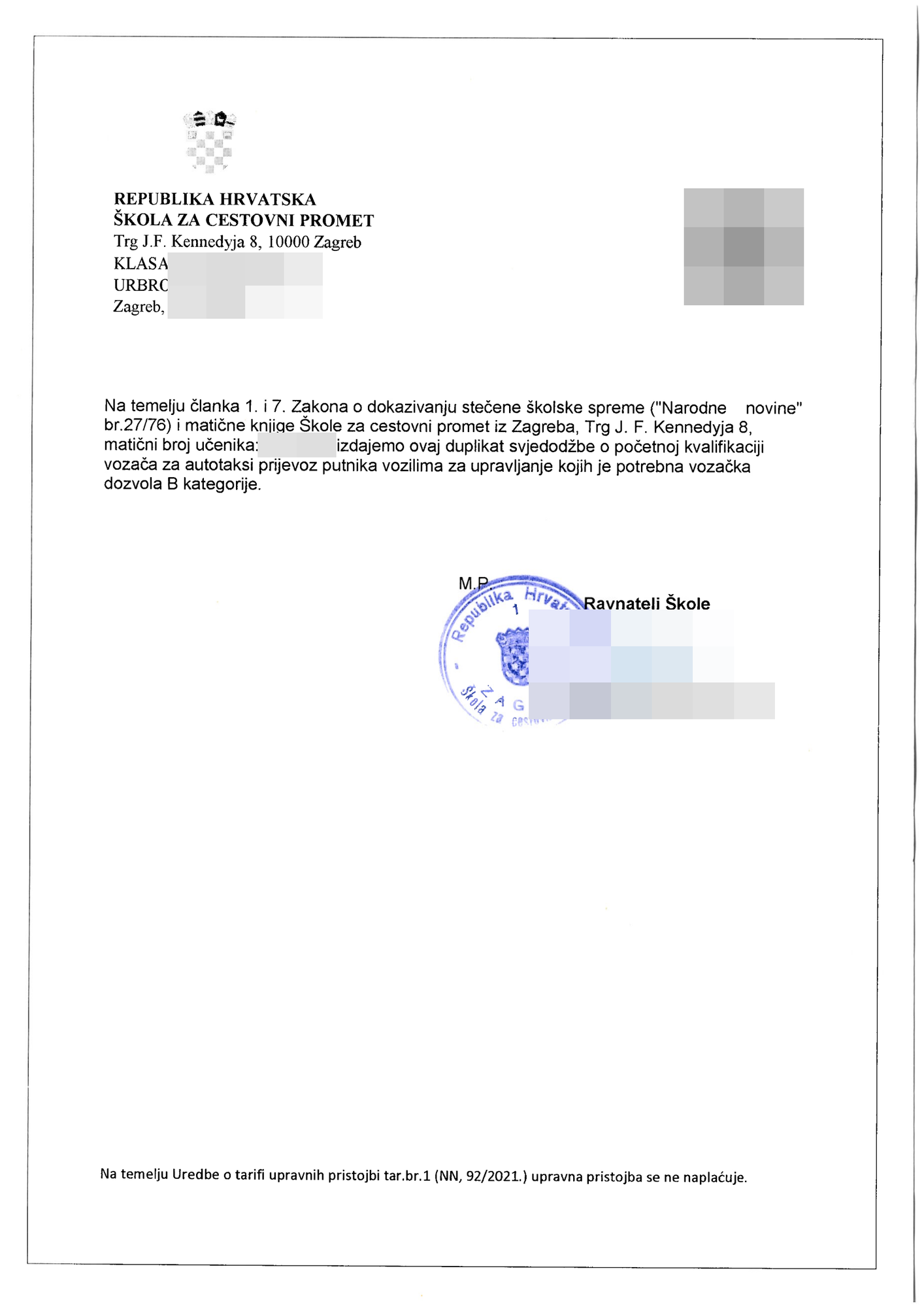 Duplikat svjedodžbe o početnoj kvalifikaciji za autotaksi prijevoz, B kategorija – prikaz 2 s pikseliziranim osobnim podacima