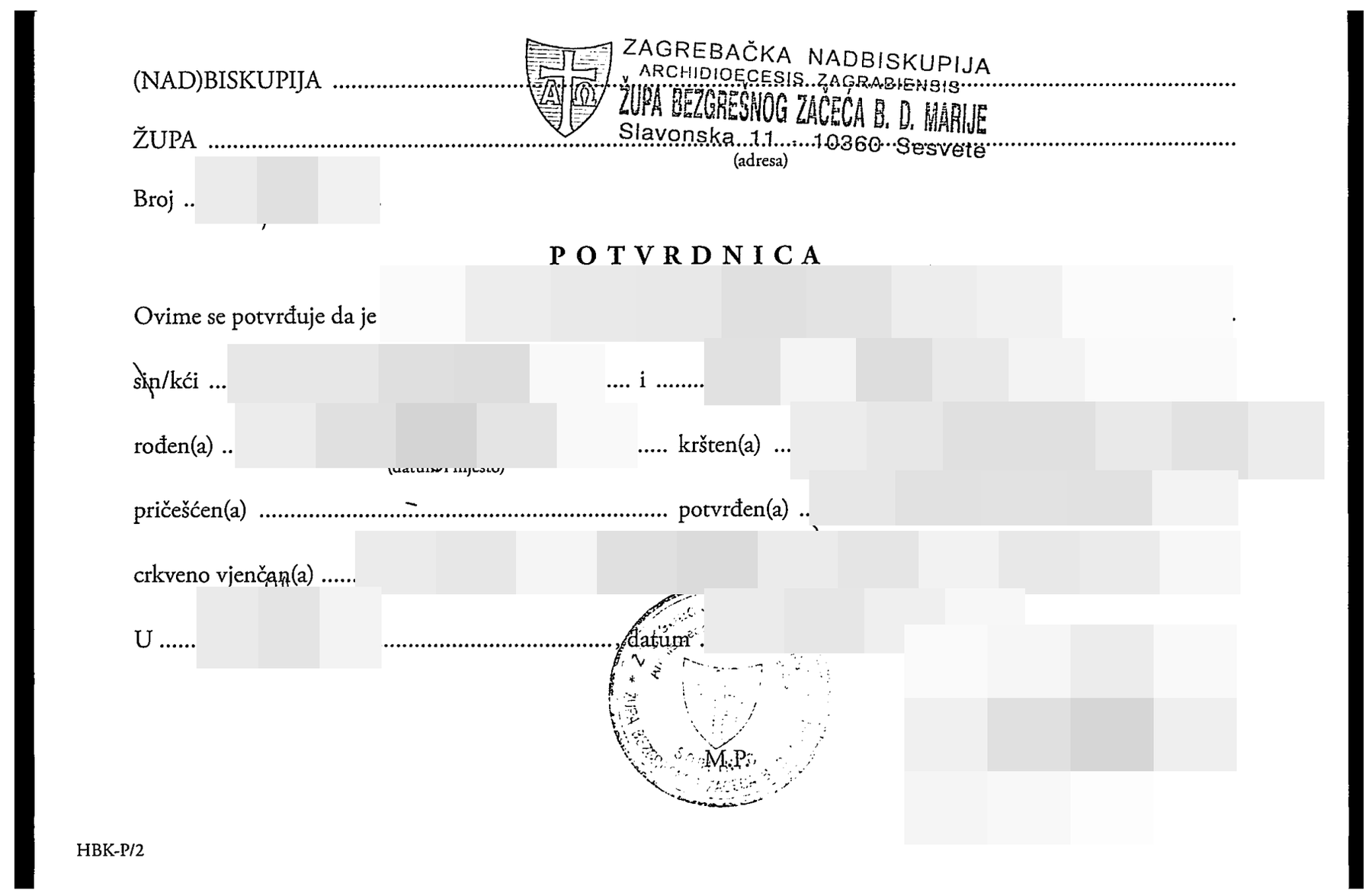Župna potvrdnica o sakramentima HBK-P/2 – prikaz 1 s pikseliziranim osobnim podacima