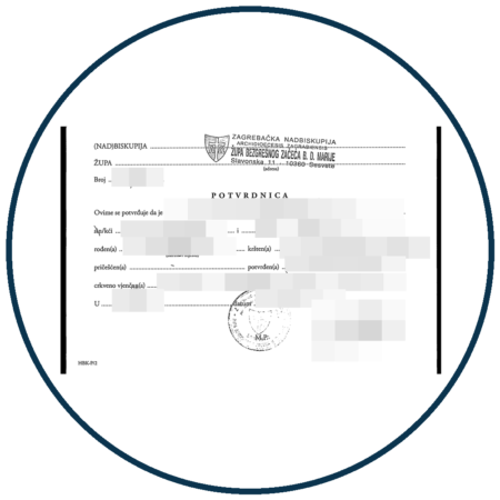 Župna potvrdnica o sakramentima HBK-P/2 – primjer s pikseliziranim osobnim podacima