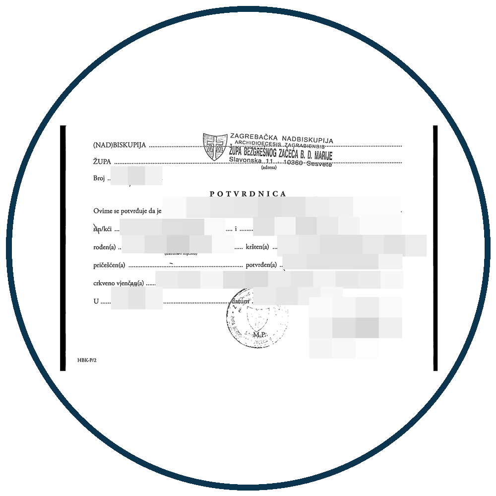 Župna potvrdnica o sakramentima HBK-P/2 – primjer s pikseliziranim osobnim podacima