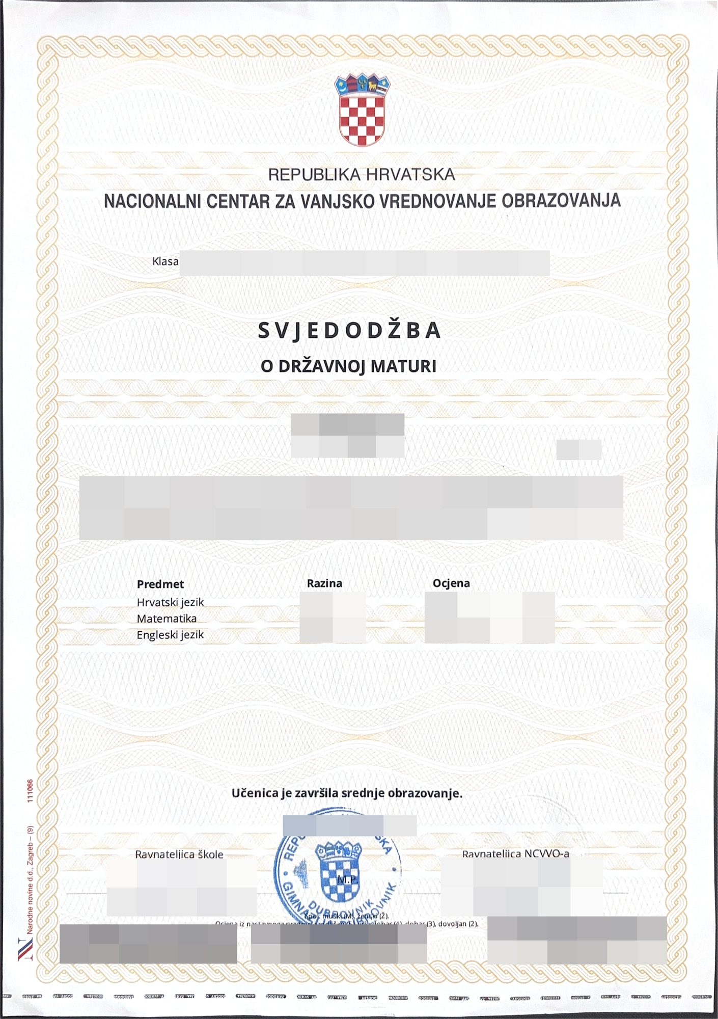 Svjedodžba o državnoj maturi – prikaz 1 s pikseliziranim osobnim podacima