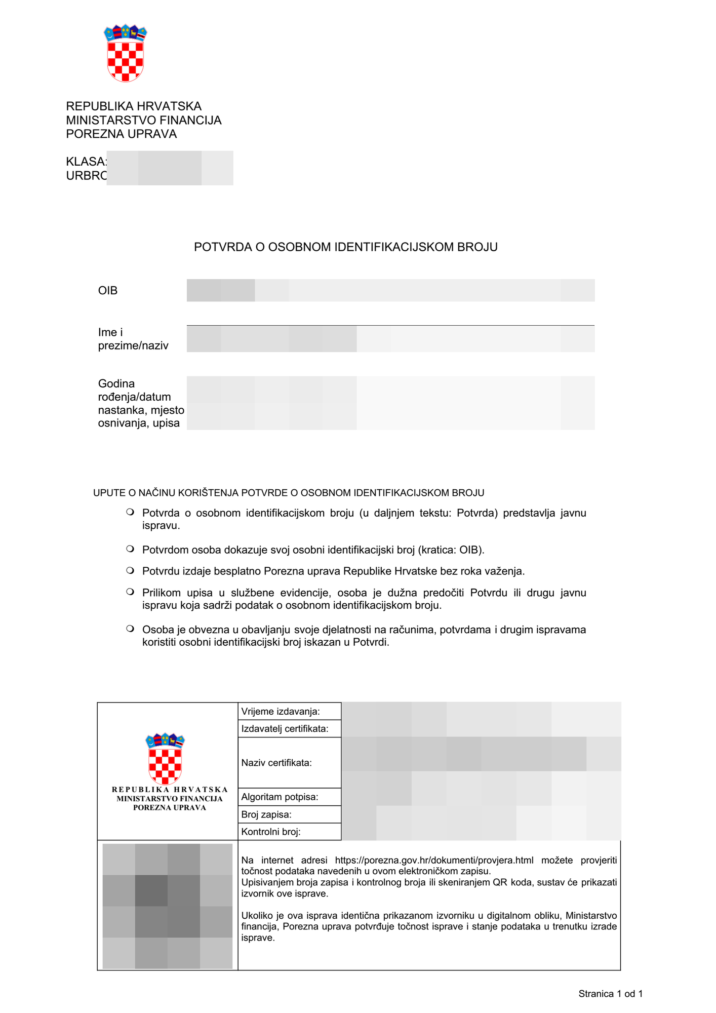 Potvrda o osobnom identifikacijskom broju (OIB) – prikaz 1 s pikseliziranim osobnim podacima
