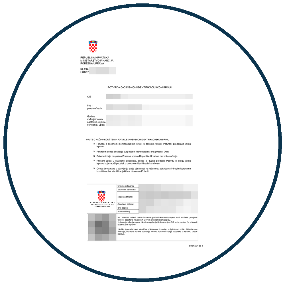 Potvrda o osobnom identifikacijskom broju (OIB) – primjer s pikseliziranim osobnim podacima