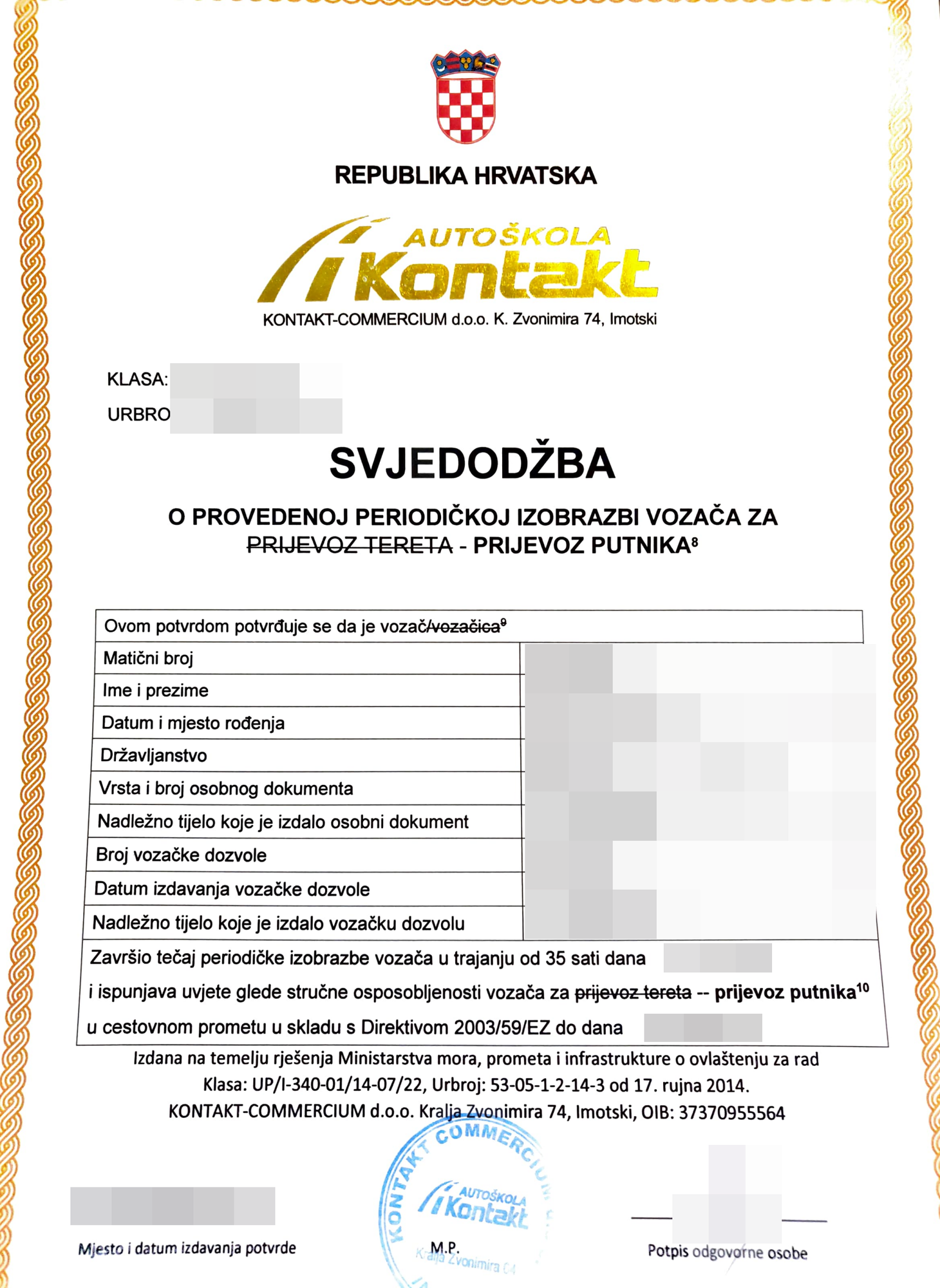 Svjedodžba o periodičkoj izobrazbi vozača – prikaz 1 s pikseliziranim osobnim podacima