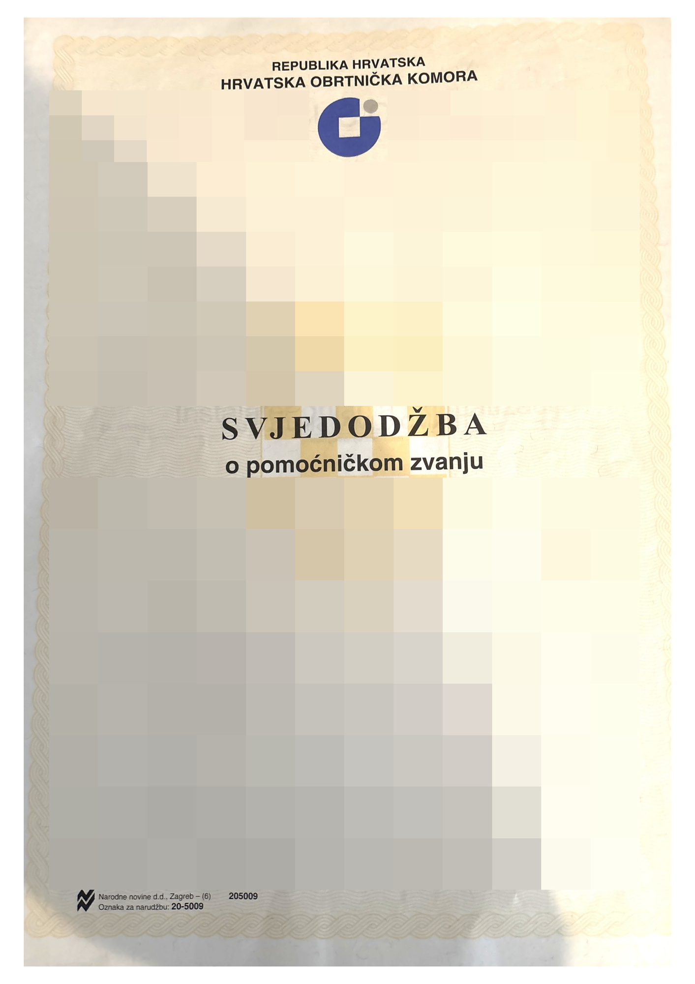 HOK svjedodžba o pomoćničkom zvanju – prikaz 1 s pikseliziranim osobnim podacima