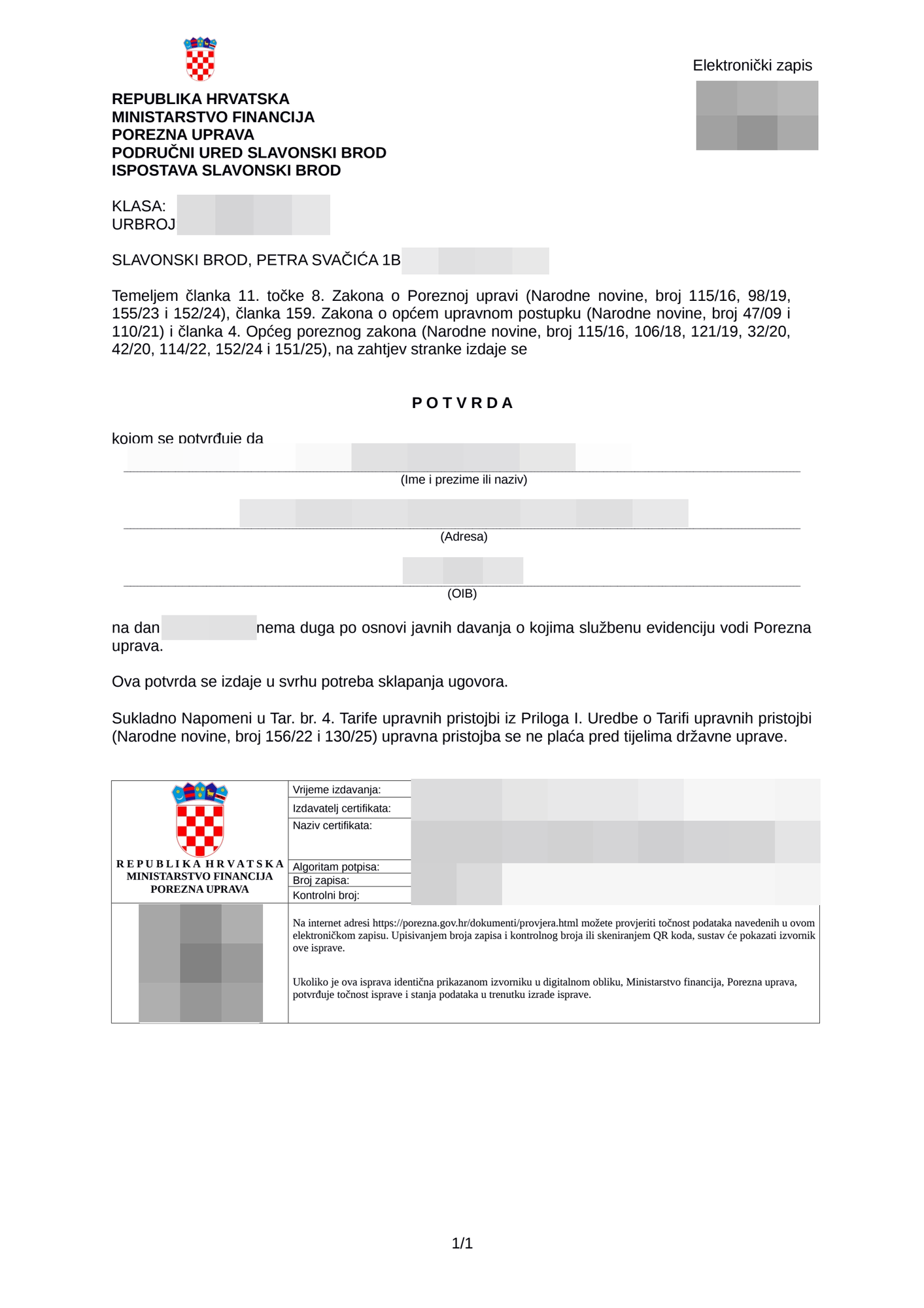 Potvrda Porezne uprave o stanju poreznog duga – prikaz 1 s pikseliziranim osobnim podacima