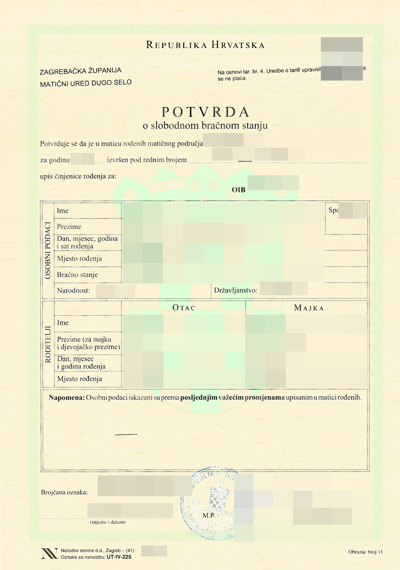 Potvrda o slobodnom bračnom stanju – prikaz 1 s pikseliziranim osobnim podacima
