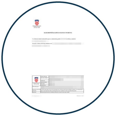 Elektronički zapis o statusu studenta – primjer s pikseliziranim osobnim podacima