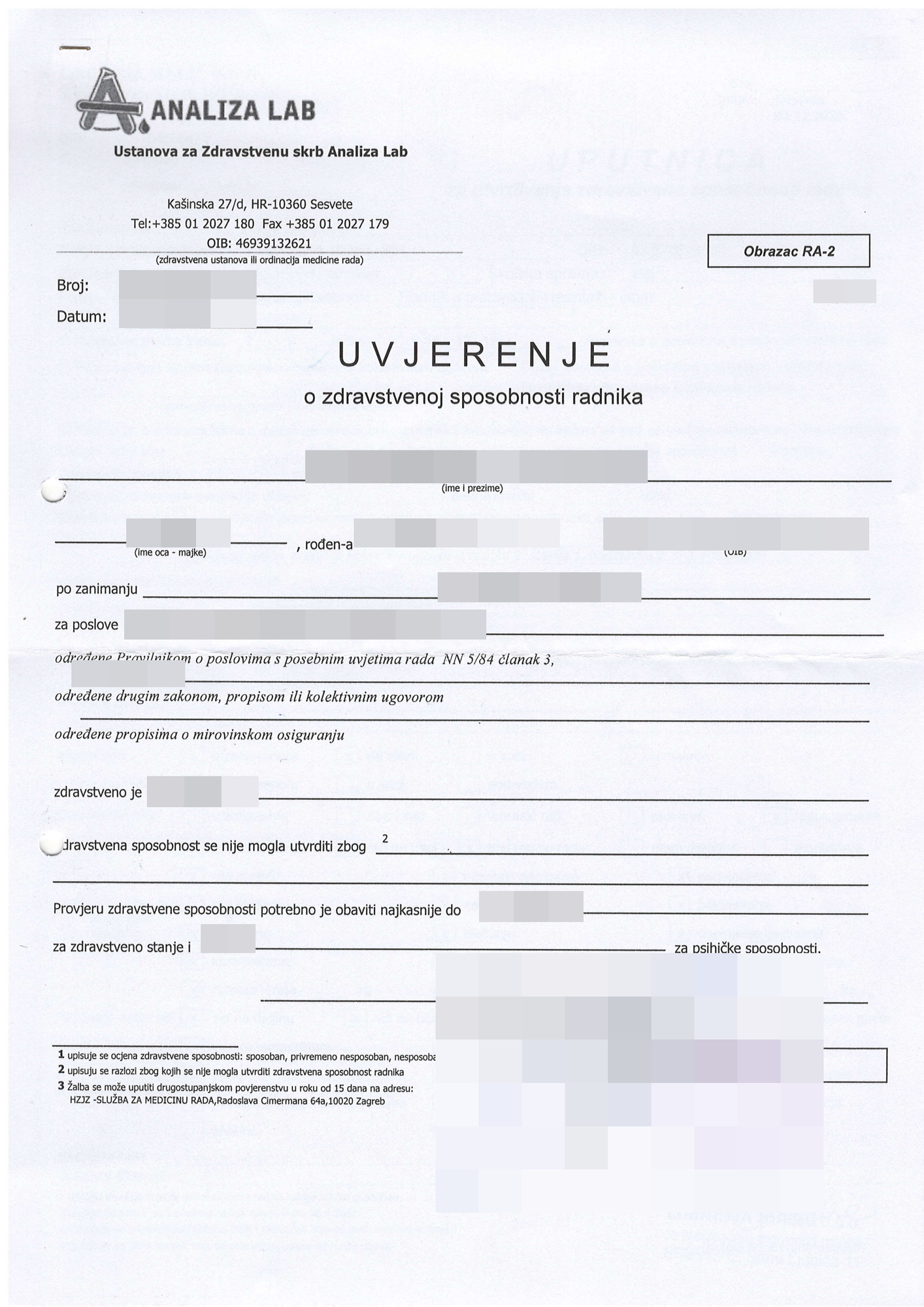 Uvjerenje o zdravstvenoj sposobnosti radnika RA-2 – prikaz 1 s pikseliziranim osobnim podacima